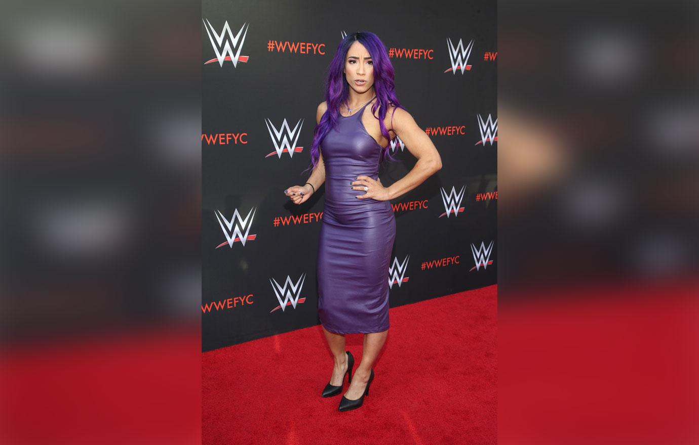 WWE Sasha Banks Wearing Purple Dress On Red Carpet