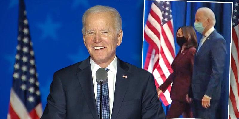 Joe Biden, inset Kamala Harris and Joe Biden walking to podium. Joe Biden Wins, Returns to the Oval Office