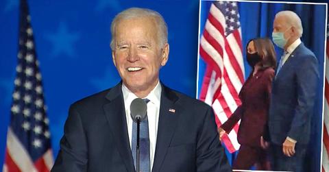 Joe Biden, inset Kamala Harris and Joe Biden walking to podium. Joe Biden Wins, Returns to the Oval Office