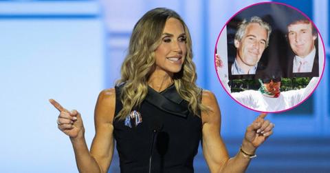 Composite Photos of Lara Trump and A Jeffrey Epstein Protest Sign