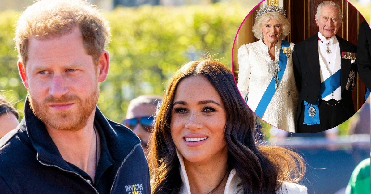 image of meghan markle and prince harry and inset of King Charles and Queen Camilla