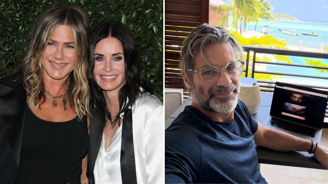 Split photo of Jennifer Aniston, Courteney Cox and Jim Curtis