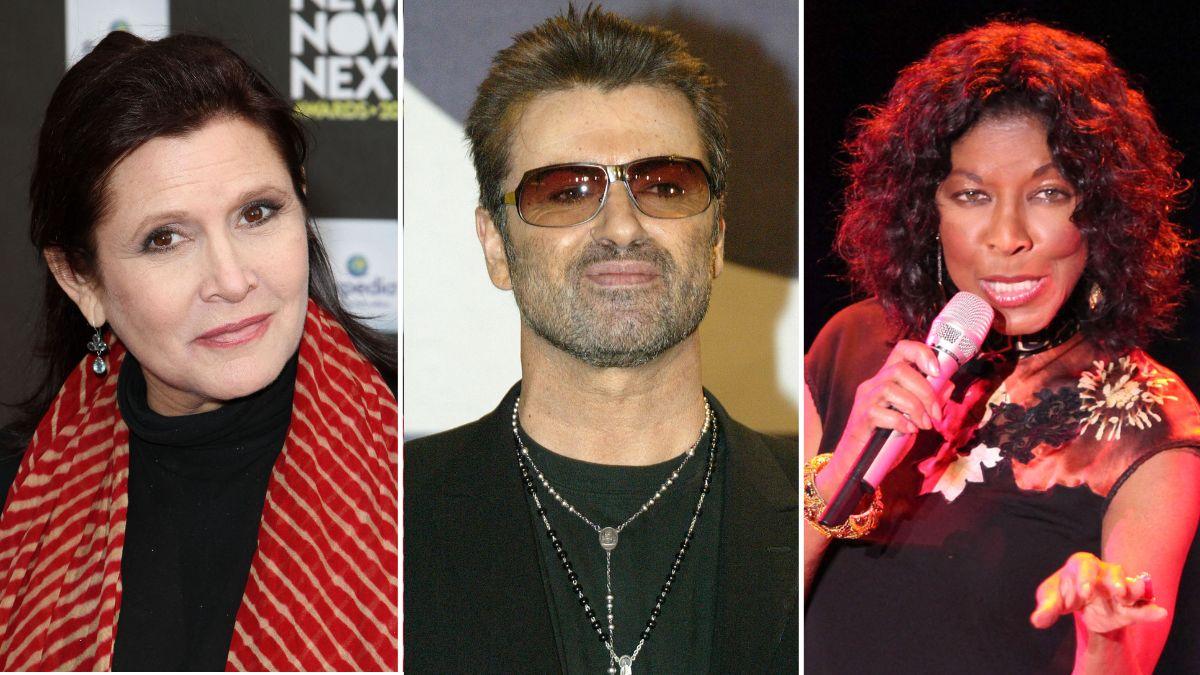 Split photo of Carrie Fisher, George Michael and Natalie Cole