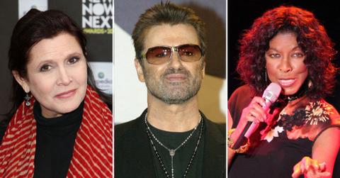 Split photo of Carrie Fisher, George Michael and Natalie Cole