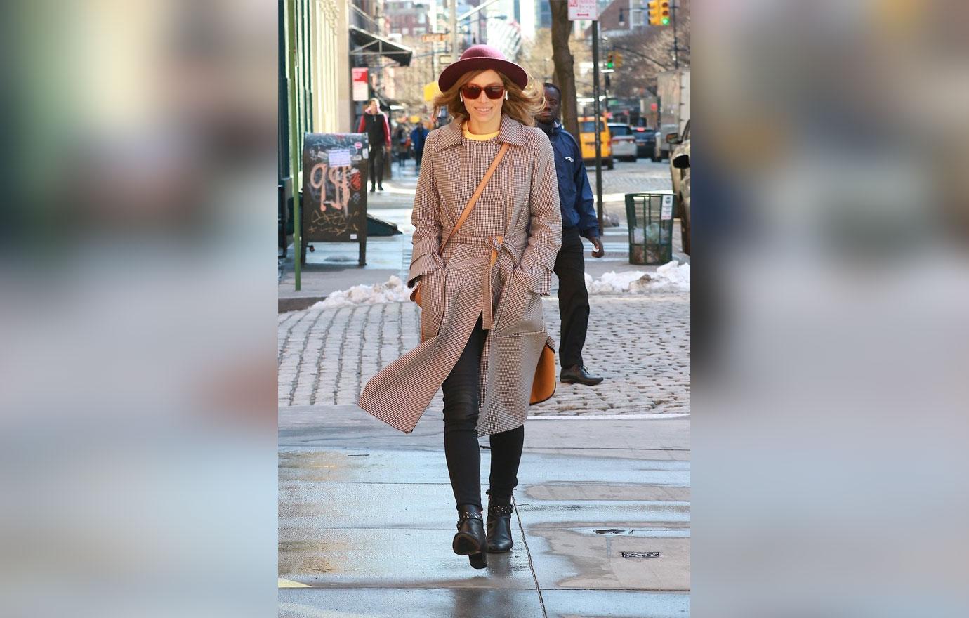 Jessica Biel looks effortlessly chic in a peacoat as she walks through Tribeca