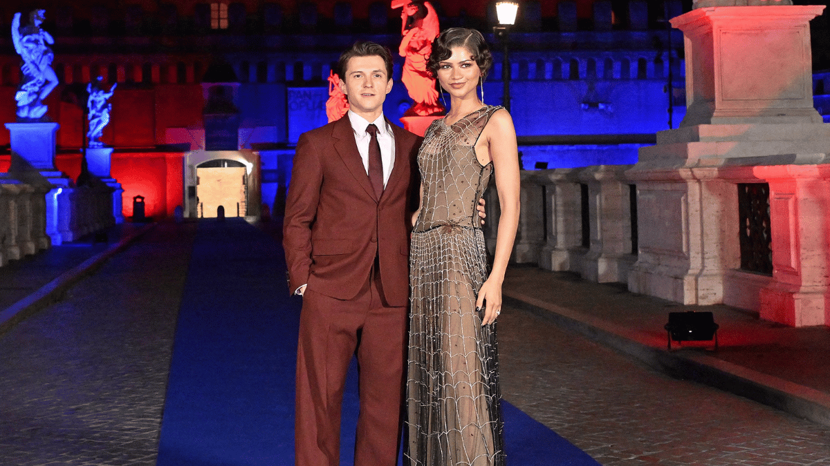 Image of Zendaya and Tom Holland posed for photos together at the Rome premiere of 'Spider-Man: Brand New Day.'