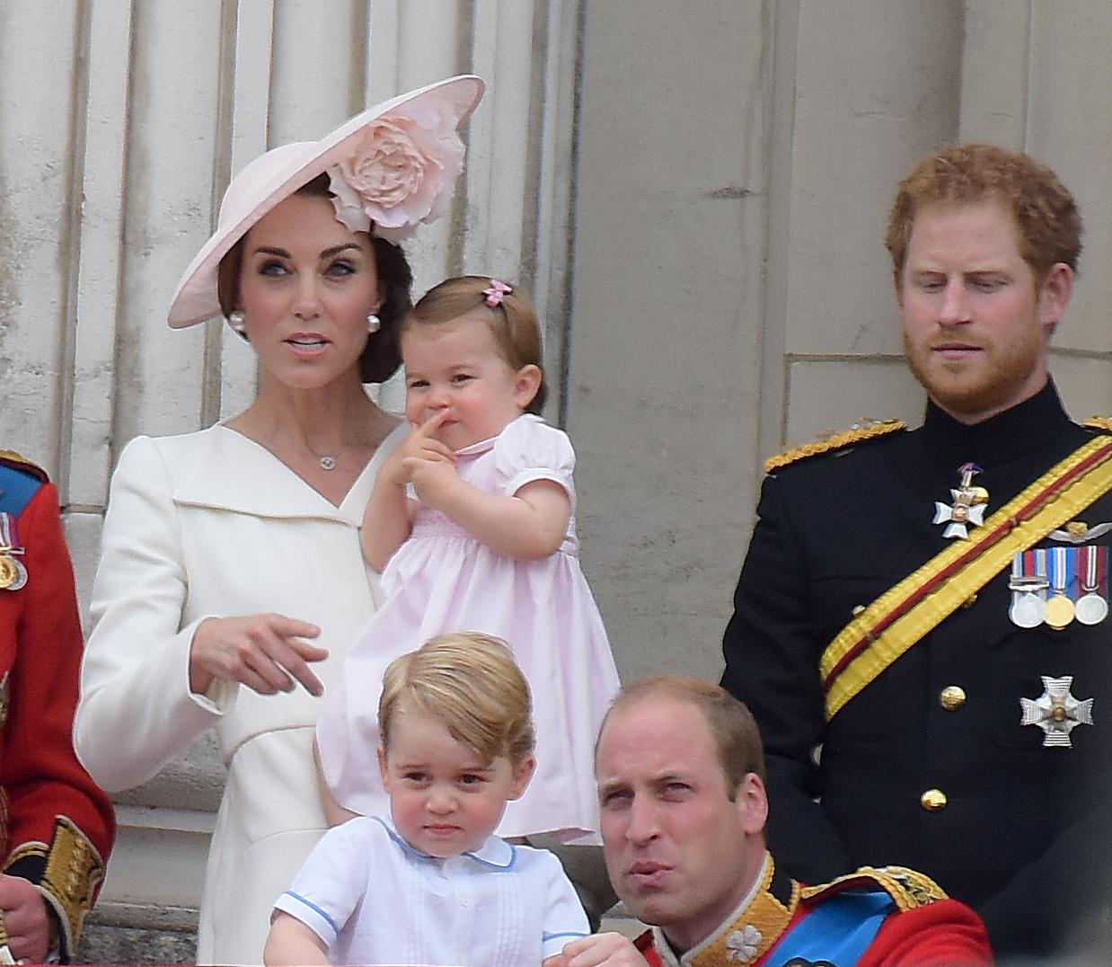 The British Royal family seen on the balcony at Buckingham Palace during Trooping The Colour in London