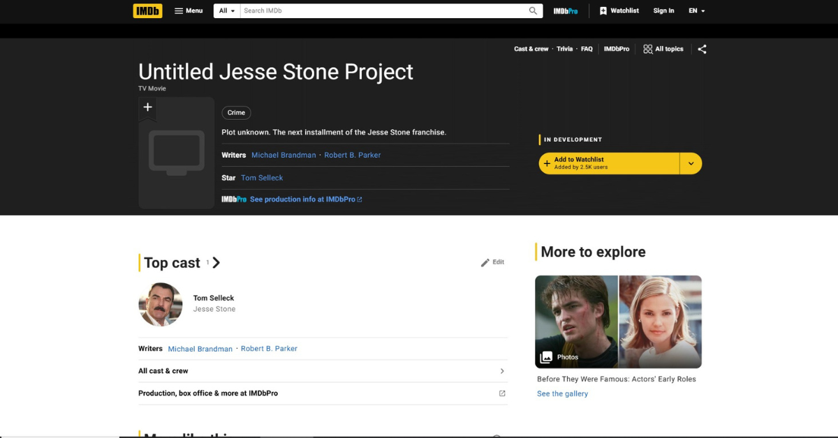 IMDB Listing On The Untitled Jesse Stone Project