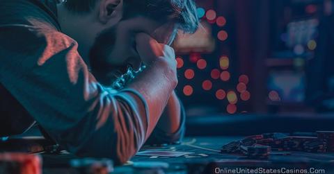 a gambler struggling at a poker table