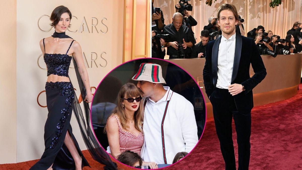 Split photo of Gracie Abrams & Joe Alwyn & Taylor Swift & Travis Kelce