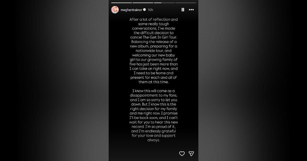 image of Meghan Trainor has officially canceled her 2026 Get in Girl Tour, which was originally set to kick off in June.
