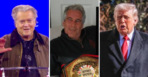 three-way split photo of Steve Bannon, Jeffrey Epstein & Donald Trump