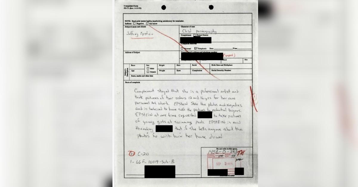 Image of Jeffrey Epstein allegedly threatened to burn someone's house down if they revealed he stole and sold photos of young girls.