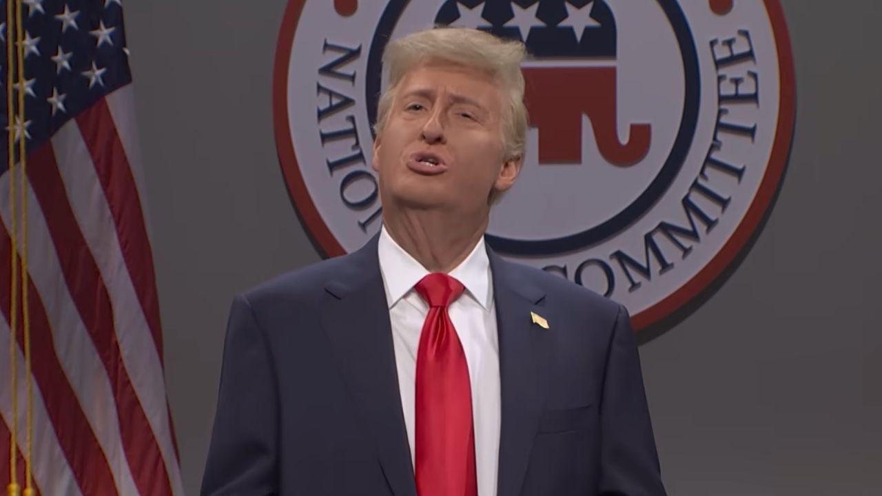 Image of James Austin Johnson portrayed Donald Trump delivering the same message for both election outcomes.