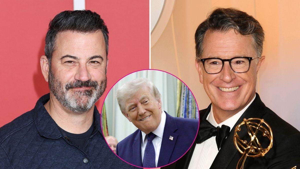 Composite photo of Jimmy Kimmel, Donald Trump and Stephen Colbert.