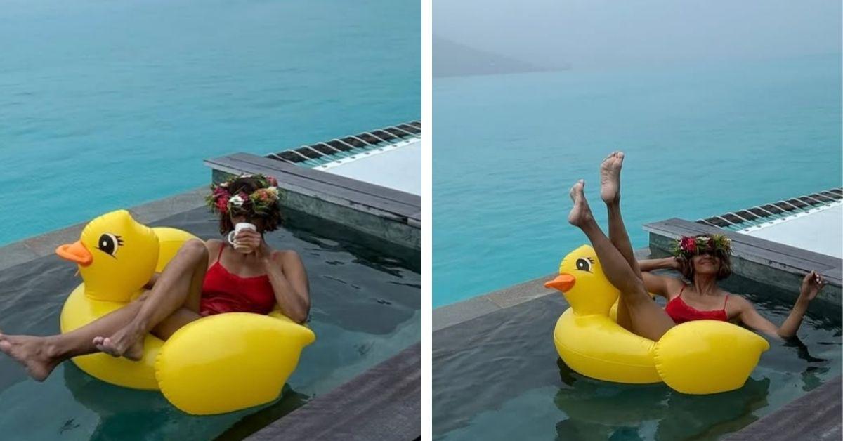 image of The actress also wowed in a red swimsuit.