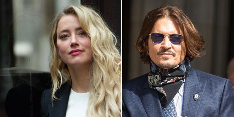 Amber Heard with hair down next to picture of Johnny Depp Wearing Sunglasses