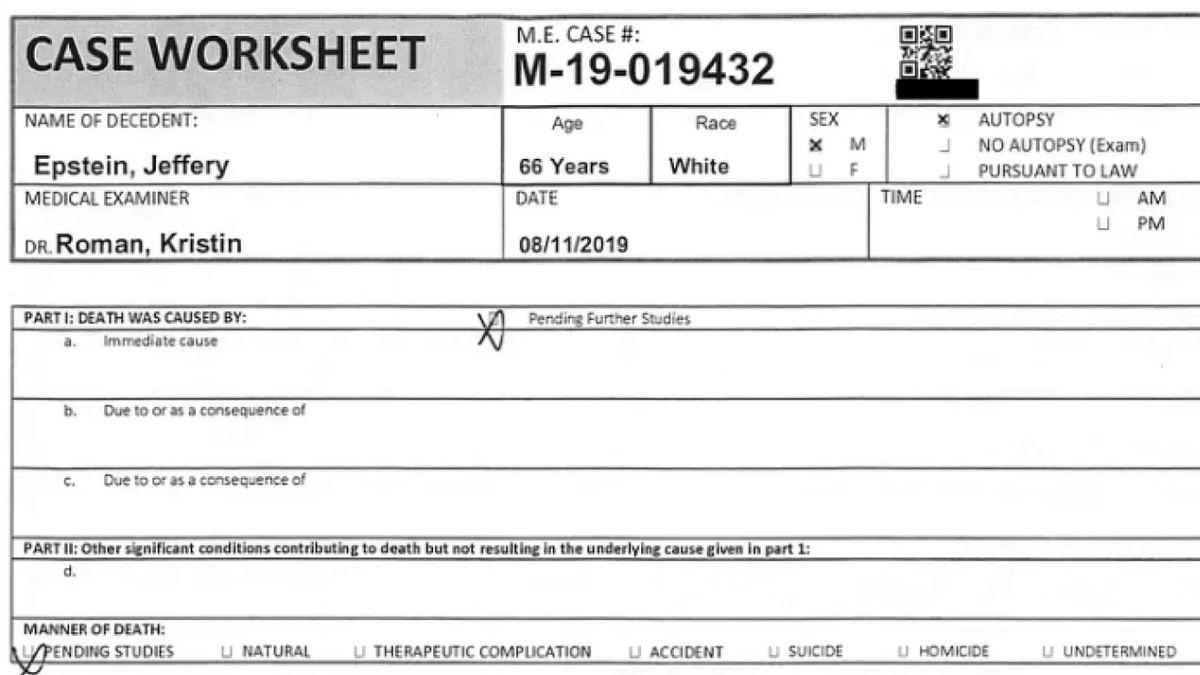 Jeffrey Epstein's cause of death was initially left undetermined amid "pending further studies."
