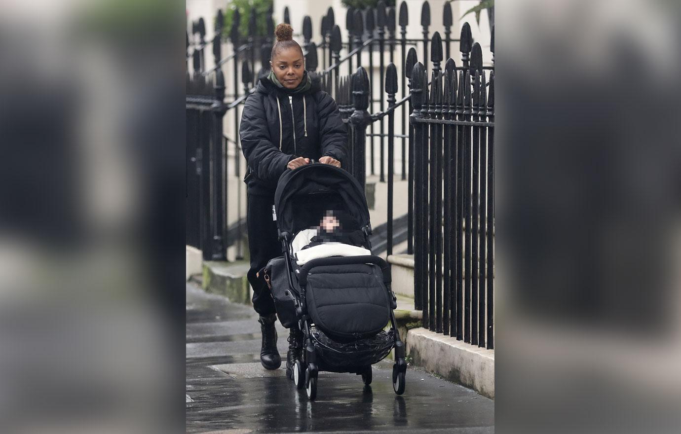 *PREMIUM EXCLUSIVE* Janet Jackson pictured strolling through London with baby Eissa. The popstar braved the London rain to join friends for lunch in SW London.