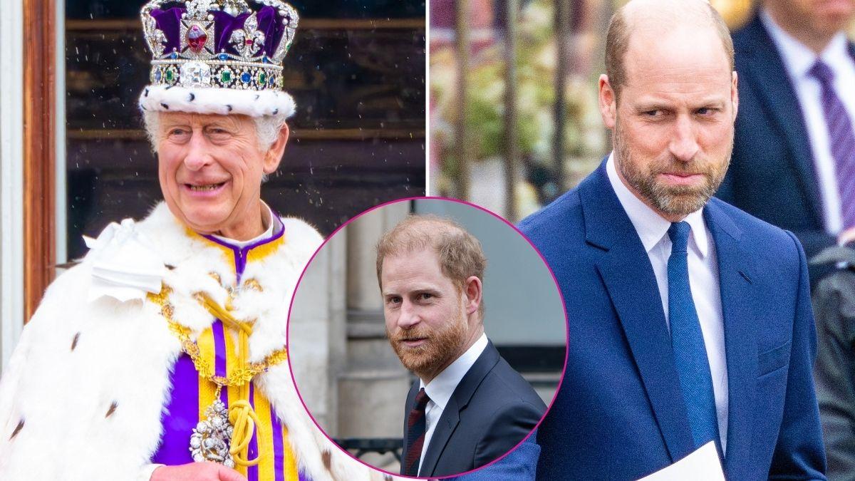 Split photo of King Charles and Princes Harry and William.