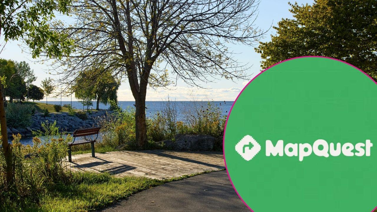 Composite photo of Lake Ontario and the MapQuest logo.