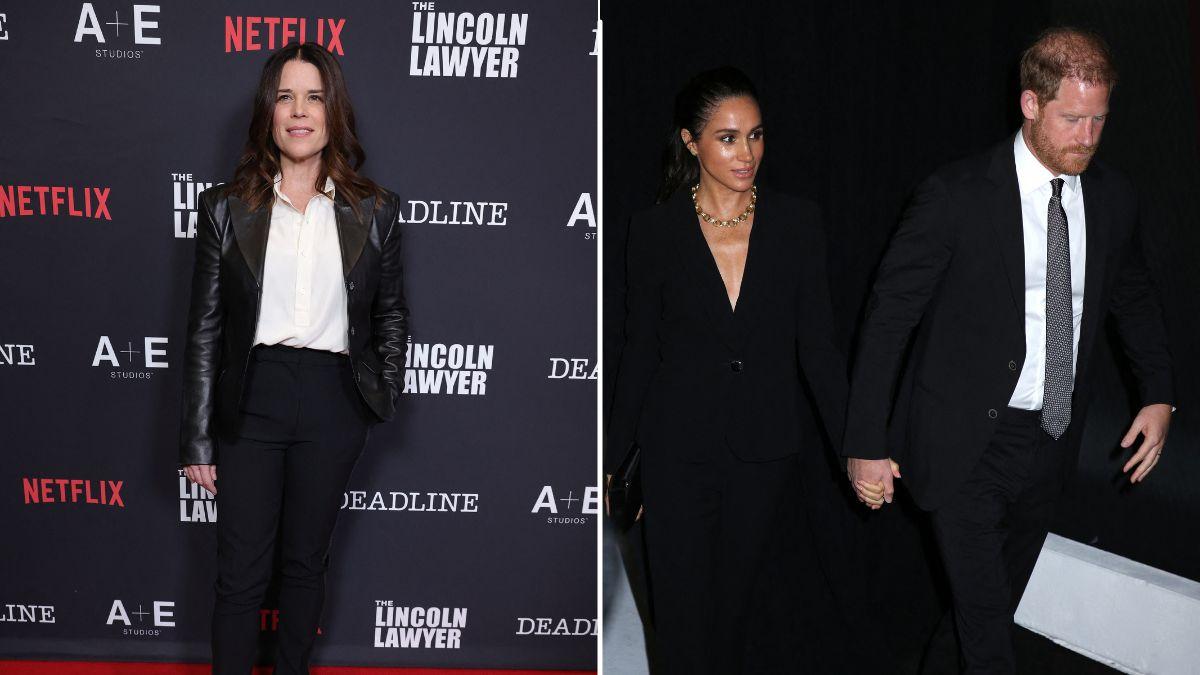 image split of Neve Campbell and meghan markle and prince harry 