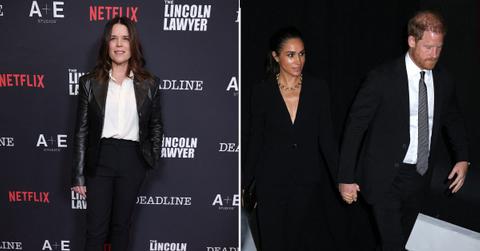 image split of Neve Campbell and meghan markle and prince harry