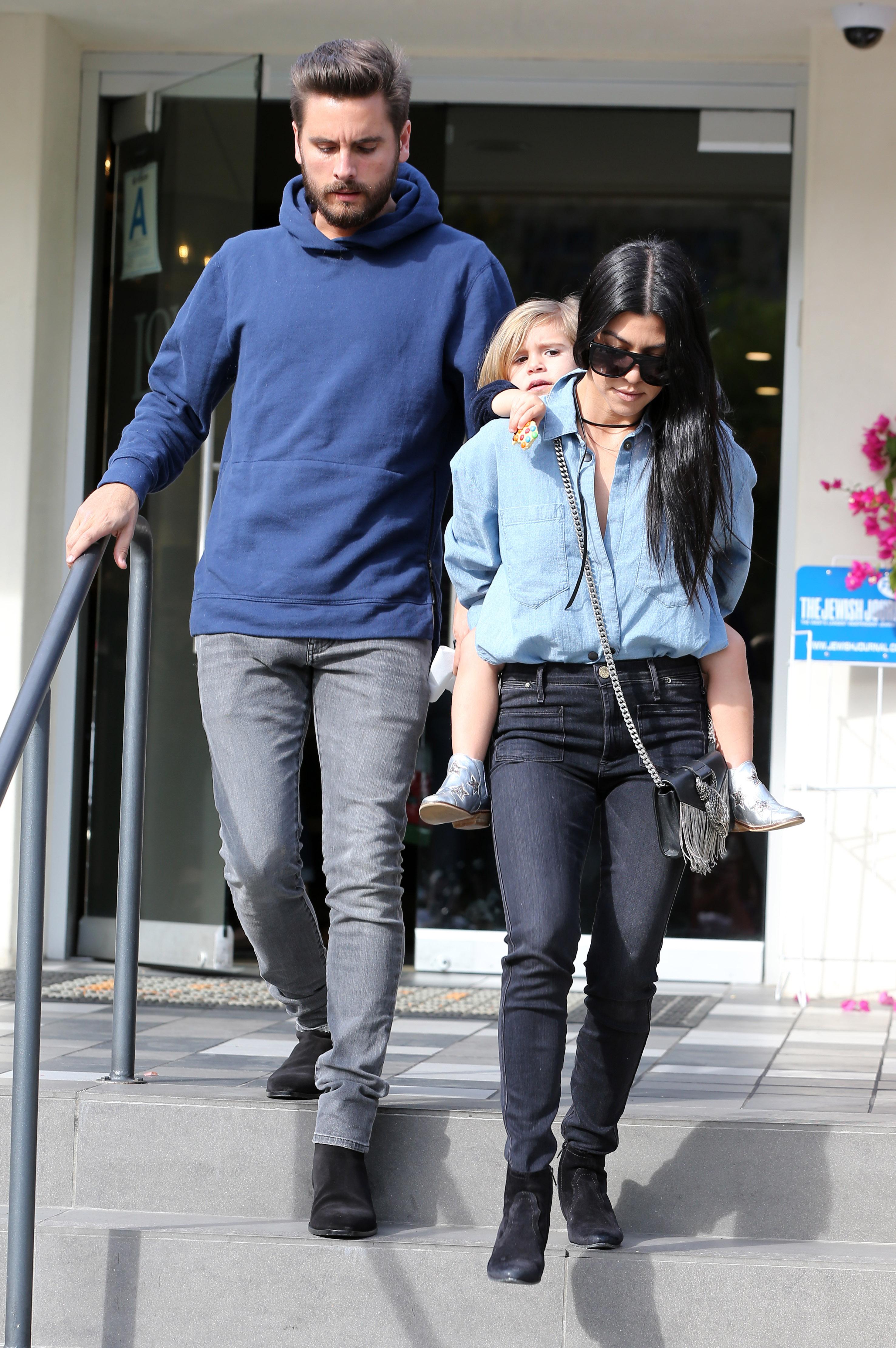 Kourtney Kardashian and Scott Disick leaving with Penelope after having lunch together