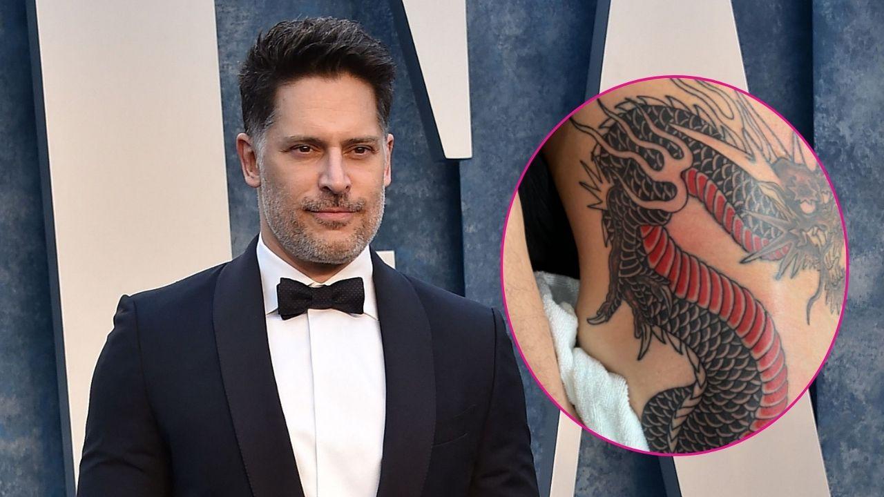 Split photo of Joe Manganiello and his dragon tattoo