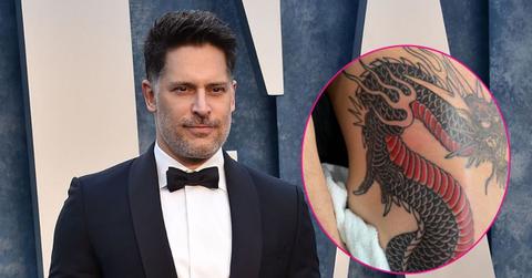 Split photo of Joe Manganiello and his dragon tattoo