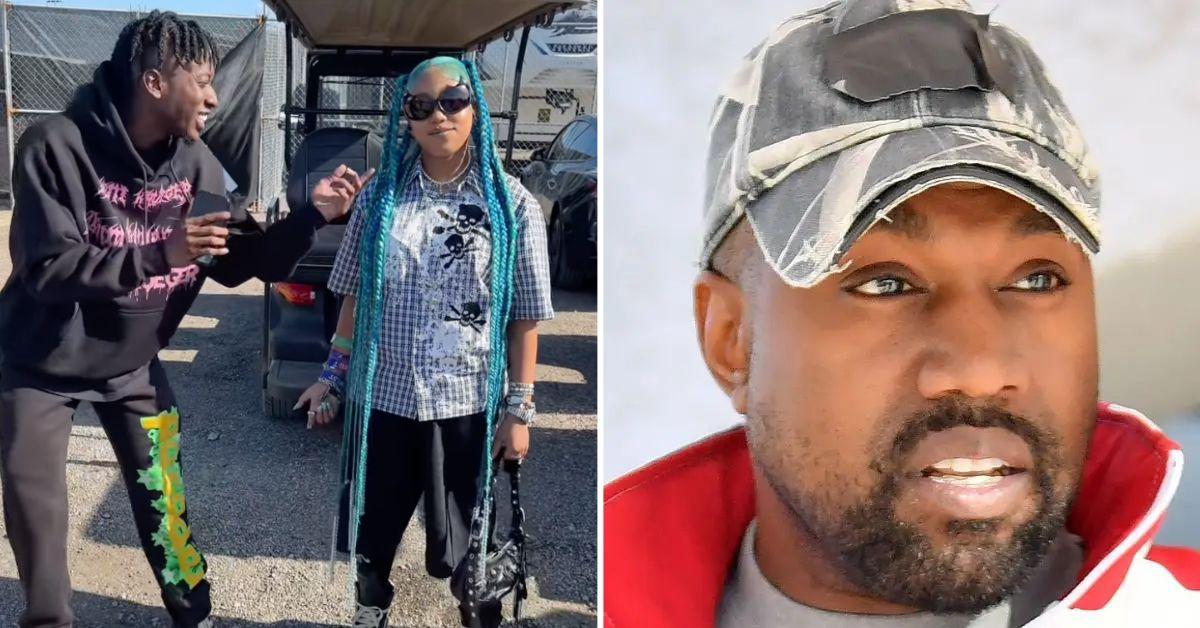 Photo of Chris Smoove with North West and a picture of Kanye West