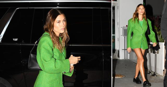 hailey bieber wears a green jacket and chunky black shoes as she goes out for dinner in miami