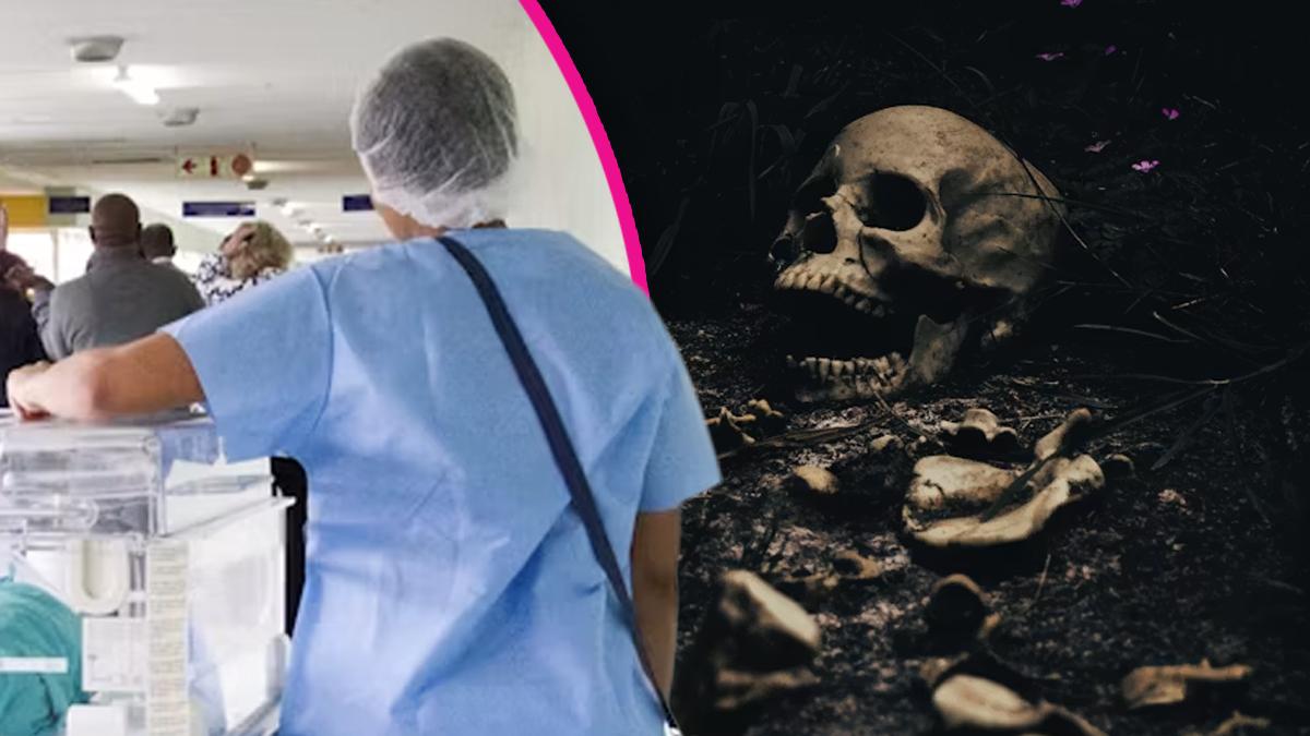 Composite photo of a hospital and a skull.