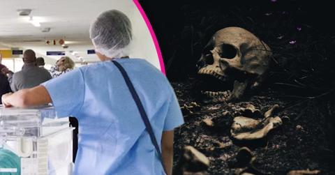 Composite photo of a hospital and a skull.