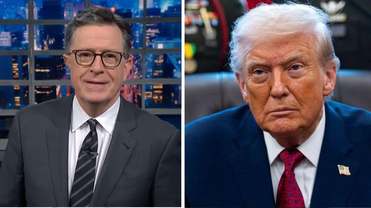 Split photo of Stephen Colbert and Donald Trump