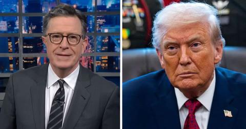 Split photo of Stephen Colbert and Donald Trump
