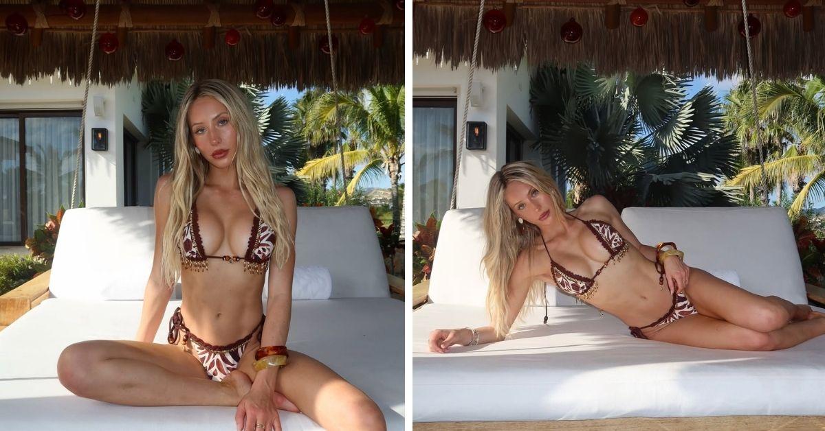 image of The 'DWTS' star howed off her toned abs in a patterned bikini.