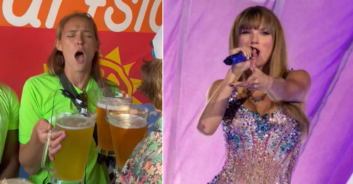 A picture of Kylie Kelce singing and a photo of Taylor Swift on stage.