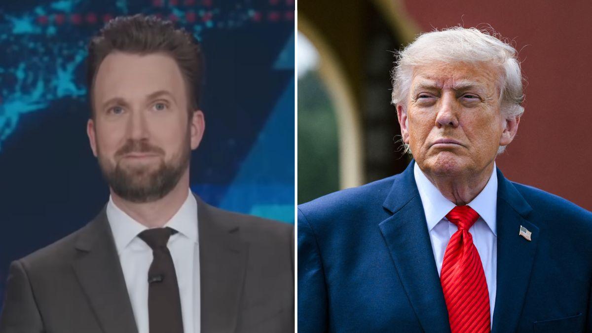 Photo of Jordan Klepper and Donald Trump.