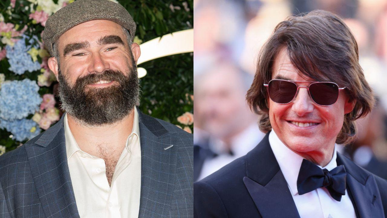 Split image of Jason Kelce and Tom Cruise.