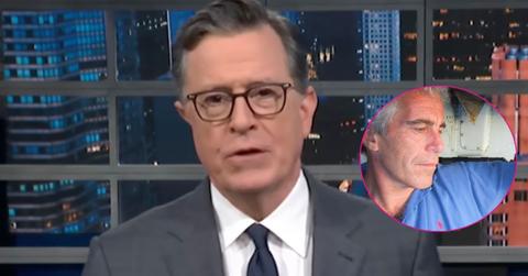 Composite photo of Stephen Colbert and Jeffrey Epstein