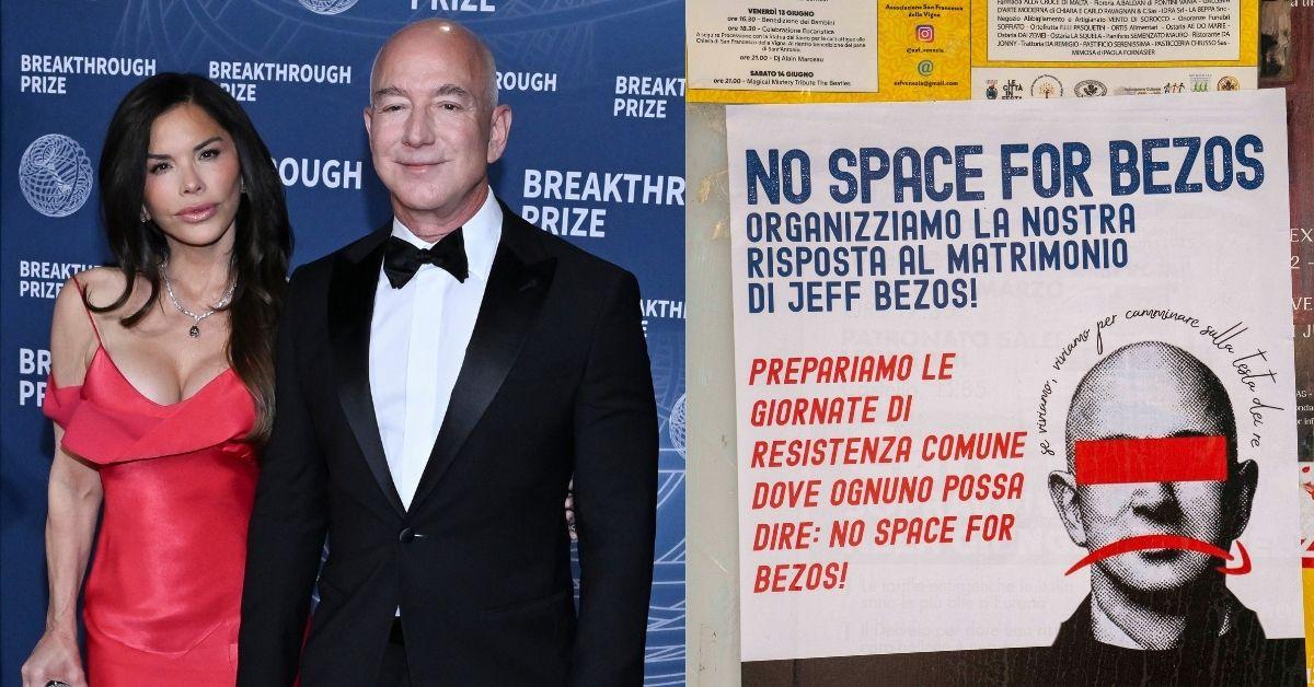 Composite Photos Of Jeff Bezos, Lauren Sanchez and the 'No Space For Bezos' Campaign Poster