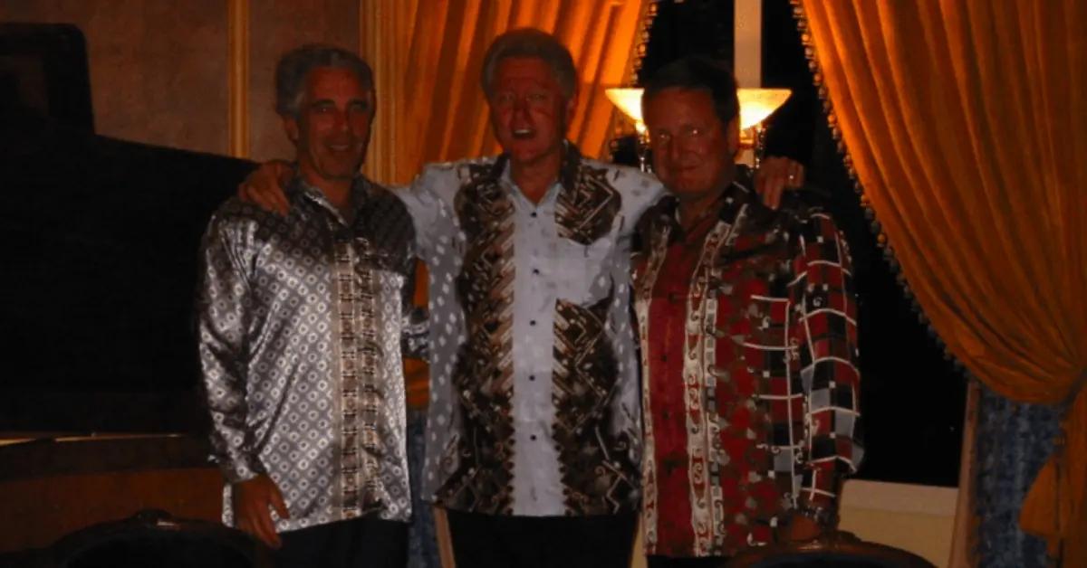 Image of Bill Clinton and Jeffrey Epstein posed in similar silk shirts.