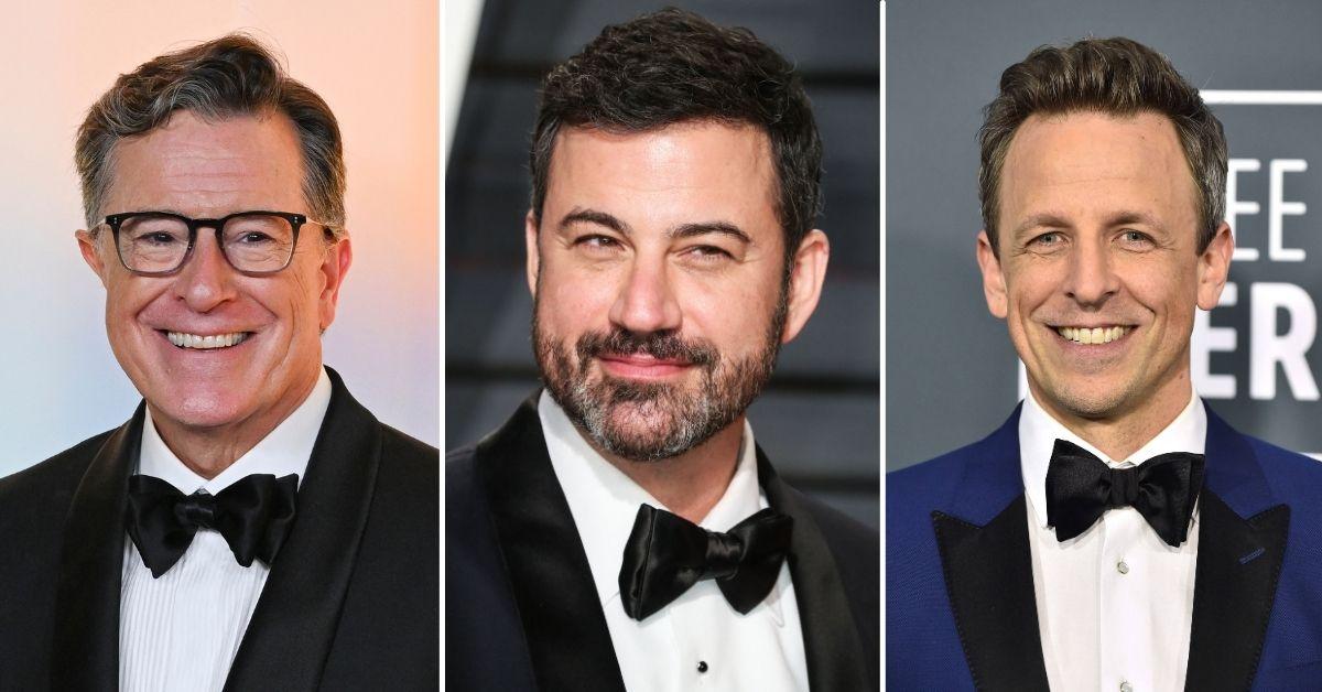 image of Stephen Colbert, Jimmy Kimmel and Seth Meyers faced show cancelations and suspension threats.