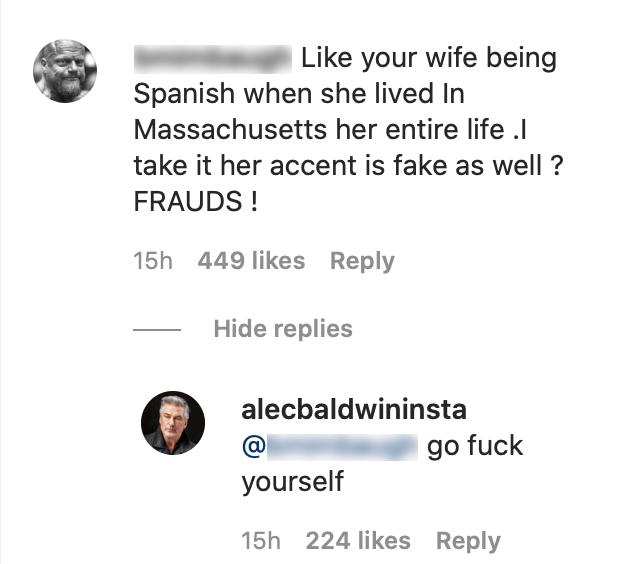 Alec Baldwin Tells Hilaria Troll To 'Go F*ck Yourself' Amid Identity Scandal