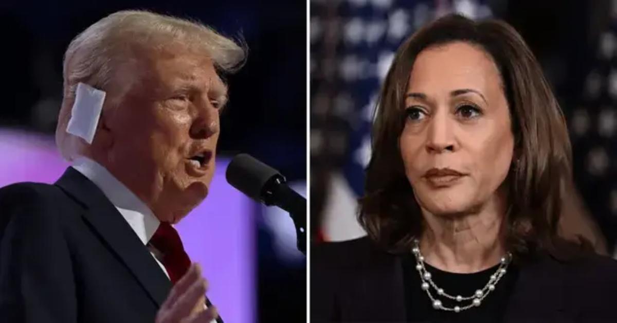 A photo of Donald Trump and a picture of Kamala Harris.