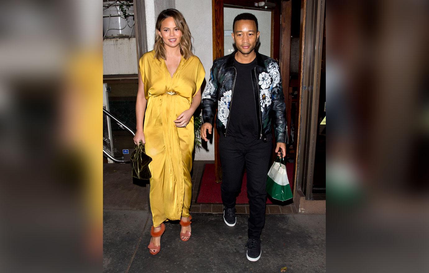 Chrissy Teigen wearing a beautiful Gold Dress and her husband singer John Legend were seen leaving dinner at &#8216;Madeo&#8217; Restaurant in West Hollywood, CA