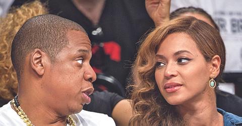 Jay Z and Beyonce attend the Miami Heat vs Brooklyn Nets Playoff game in Brooklyn
