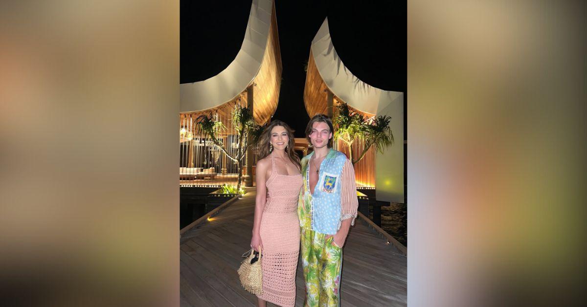 image of The star wore a red swimsuit from her own brand.