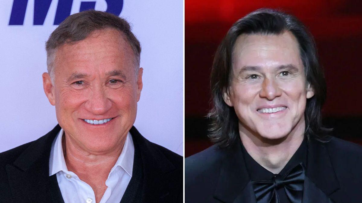 split photo of dr. terry dubrow and jim carrey